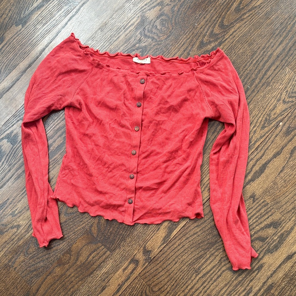Red Off-Shoulder Button-Up Top